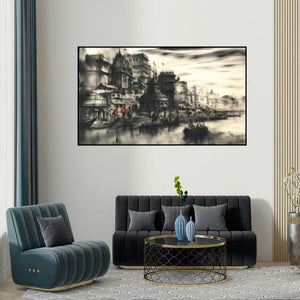 Sandeep Chhatraband's 'Banaras Ghat 42 (Dawn on the Ganges)' painting visualized above a sofa in a contemporary room.