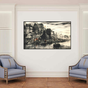 'Banaras Ghat 42 (Dawn on the Ganges)' painting by Sandeep Chhatraband shown on a wall in a furnished room.