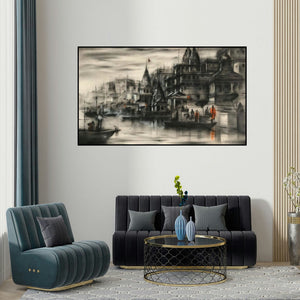 Sandeep Chhatraband's 'Banaras Ghat 43 (Dawn on the Ganges)' painting visualized above a sofa in a contemporary room.