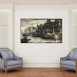 'Banaras Ghat 43 (Dawn on the Ganges)' painting by Sandeep Chhatraband shown on a wall in a furnished room.