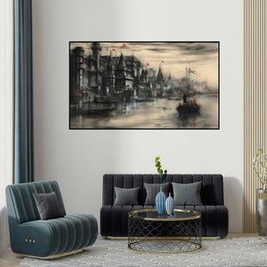 Sandeep Chhatraband's 'Banaras Ghat 44 (Dawn on the Ganges)' painting visualized above a sofa in a contemporary room.