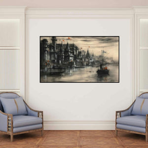 'Banaras Ghat 44 (Dawn on the Ganges)' painting by Sandeep Chhatraband shown on a wall in a furnished room.