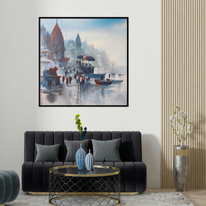 Ashif Hossain's 'Banaras Ghat 45' painting visualized above a sofa in a contemporary room.