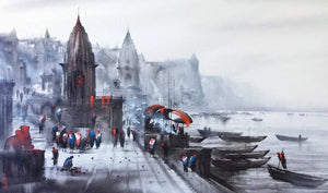 Cityscape acrylic painting titled 'Banaras Ghat 46', 36x60 inches, by artist Ashif Hossain on Canvas