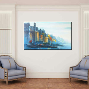 'Banaras Ghat 47 (Dawn on the Ganges)' painting by Ashif Hossain shown on a wall in a furnished room.