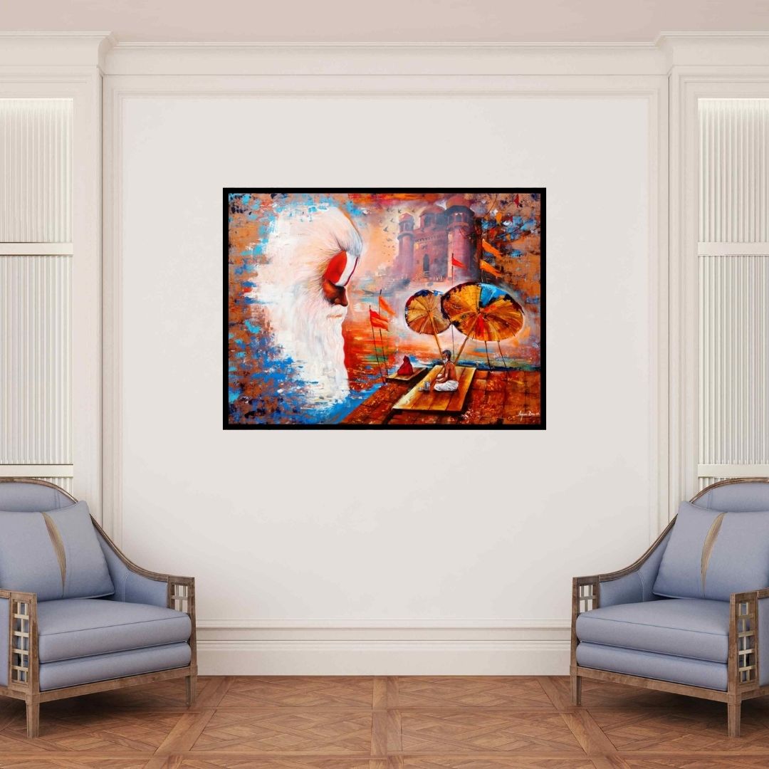 In-situ view of Arjun Das's 'Banaras Ghat 5 (Spiritual Awakening)' painting in a room