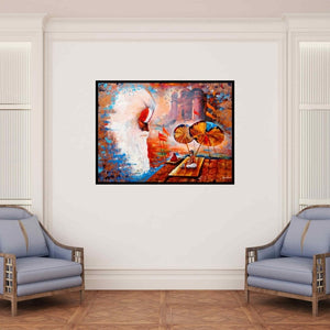 In-situ view of Arjun Das's 'Banaras Ghat 5 (Spiritual Awakening)' painting in a room