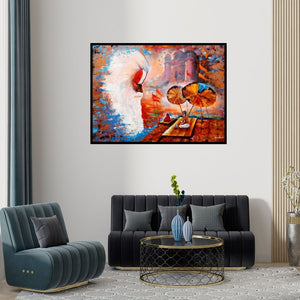 Preview of 'Banaras Ghat 5 (Spiritual Awakening)' Painting by Arjun Das shown on a wall in a furnished room.