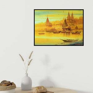 In-situ view of Ganesh Hire's 'Banaras Ghat' painting in a room