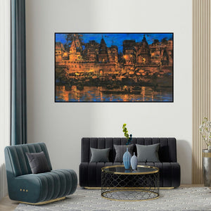 Sandeep Chhatraband's 'Banaras Ghat 51' painting visualized above a sofa in a contemporary room.