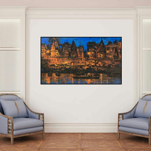 'Banaras Ghat 51' painting by Sandeep Chhatraband shown on a wall in a furnished room.