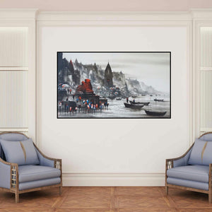 'Banaras Ghat 52 (Ancient City)' painting by Ashif Hossain shown on a wall in a furnished room.