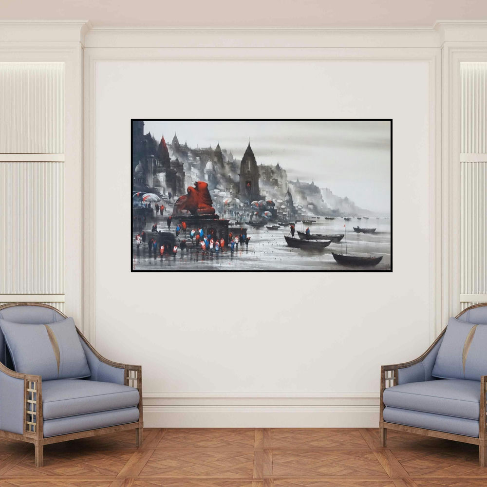 'Banaras Ghat 52 (Ancient City)' painting by Ashif Hossain shown on a wall in a furnished room.