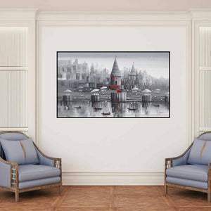 'Banaras Ghat 52 (Sacred Varanasi)' painting by Reba Mandal shown on a wall in a furnished room.