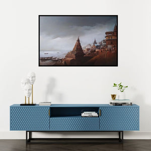 Preview of 'Banaras Ghat (Stormy Skies over Varanasi)' Painting by Amit Bhar shown on a wall in a furnished room.