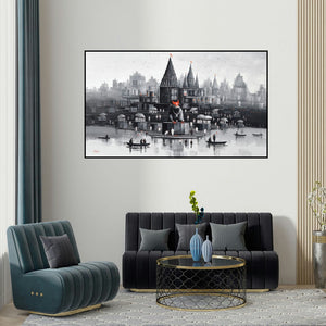 Reba Mandal's 'Banaras Ghat 53' painting visualized above a sofa in a contemporary room.