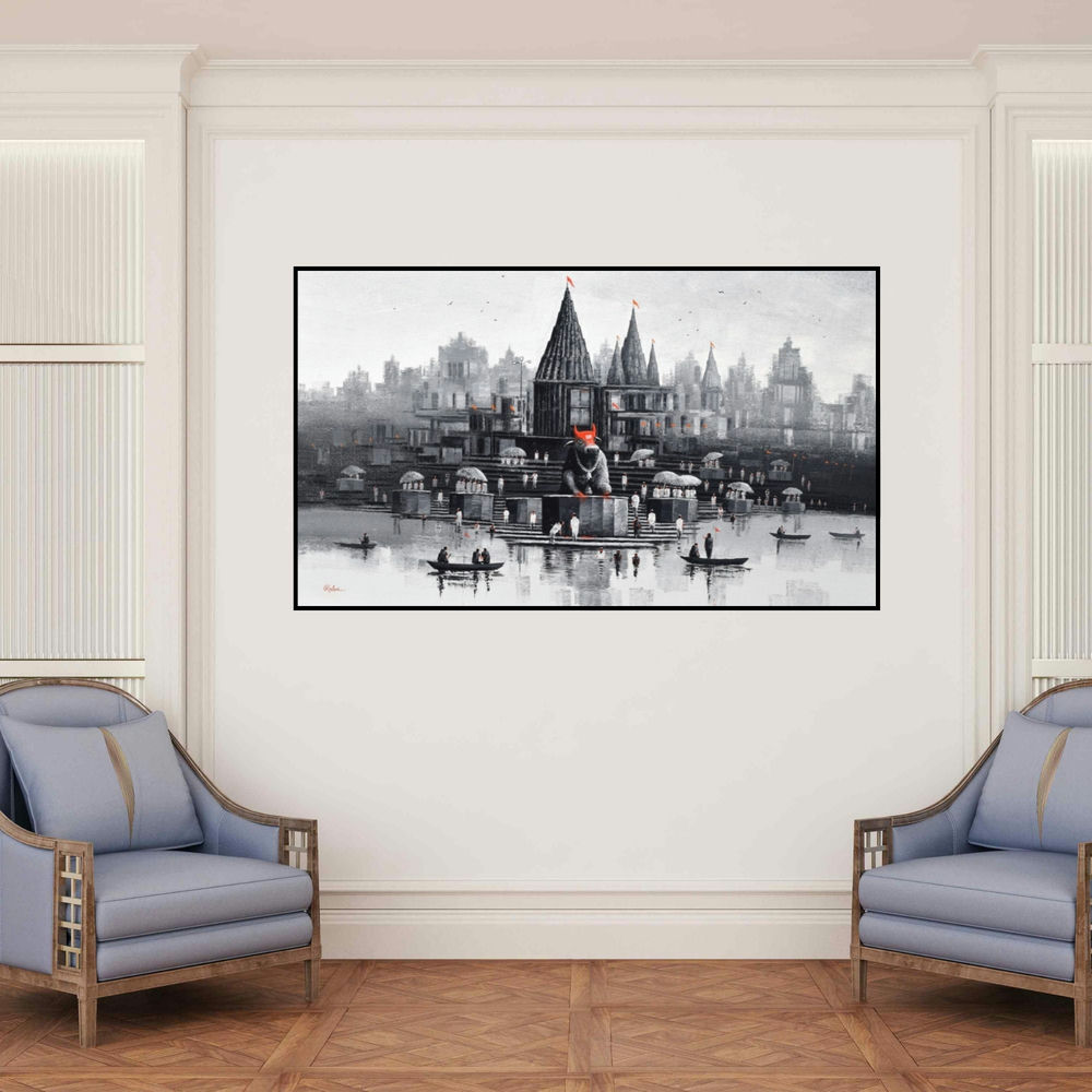 'Banaras Ghat 53' painting by Reba Mandal shown on a wall in a furnished room.