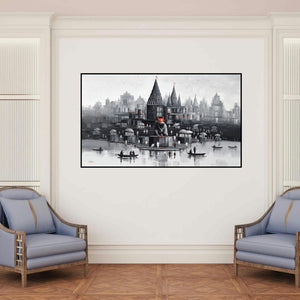 'Banaras Ghat 53' painting by Reba Mandal shown on a wall in a furnished room.
