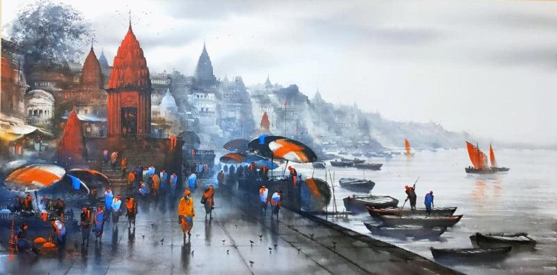 Religious acrylic painting titled 'Banaras Ghat 53', 36x72 inches, by artist Ashif Hossain on Canvas