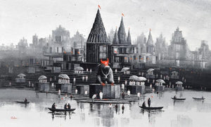 Religious acrylic painting titled 'Banaras Ghat 53', 36x60 inches, by artist Reba Mandal on Canvas