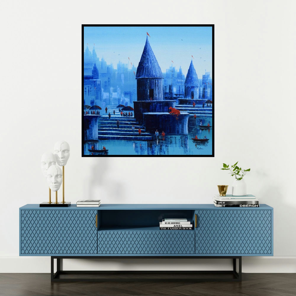 'Banaras Ghat 56 (Varanasi in Blue)' painting by Reba Mandal shown on a wall in a furnished room.