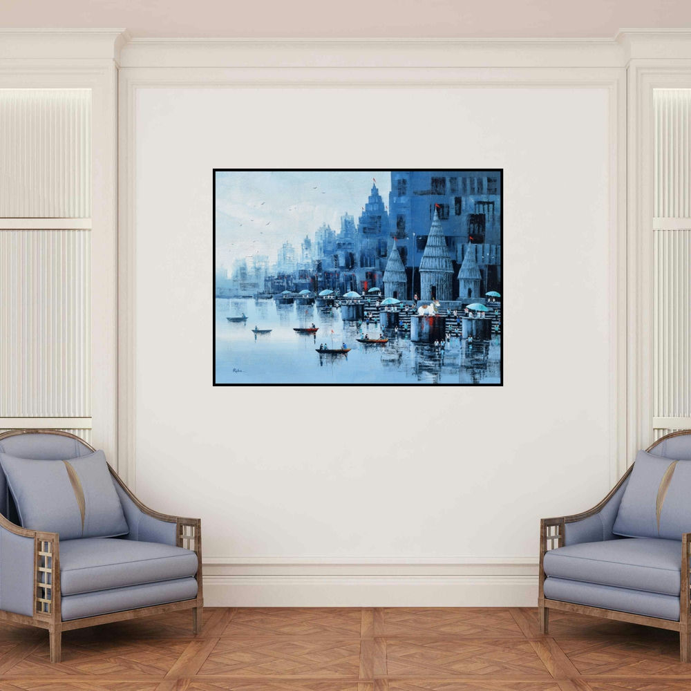 'Banaras Ghat 57 (Serene Cityscape)' painting by Reba Mandal shown on a wall in a furnished room.