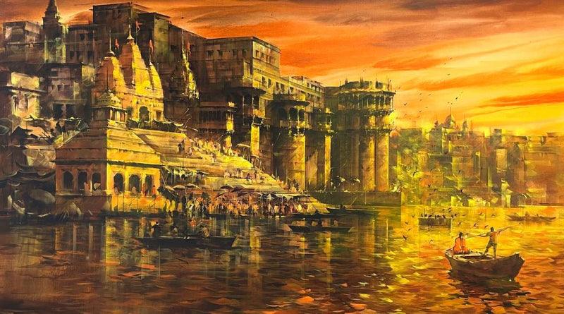 Cityscape acrylic painting titled 'Banaras Ghat 61', 42x72 inches, by artist Sandeep Chhatraband on Canvas