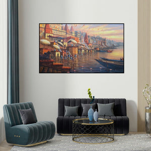 Paramesh Paul's 'Banaras Ghat (Varanasi Ghats at Dawn)' painting visualized above a sofa in a contemporary room.