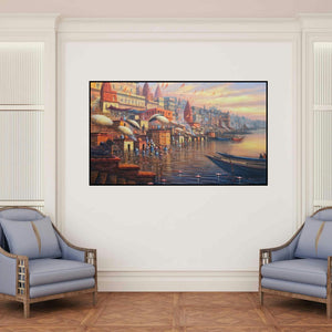 'Banaras Ghat (Varanasi Ghats at Dawn)' painting by Paramesh Paul shown on a wall in a furnished room.