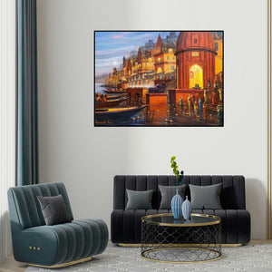 Paramesh Paul's 'Banaras Ghat (Divine Varanasi)' painting visualized above a sofa in a contemporary room.