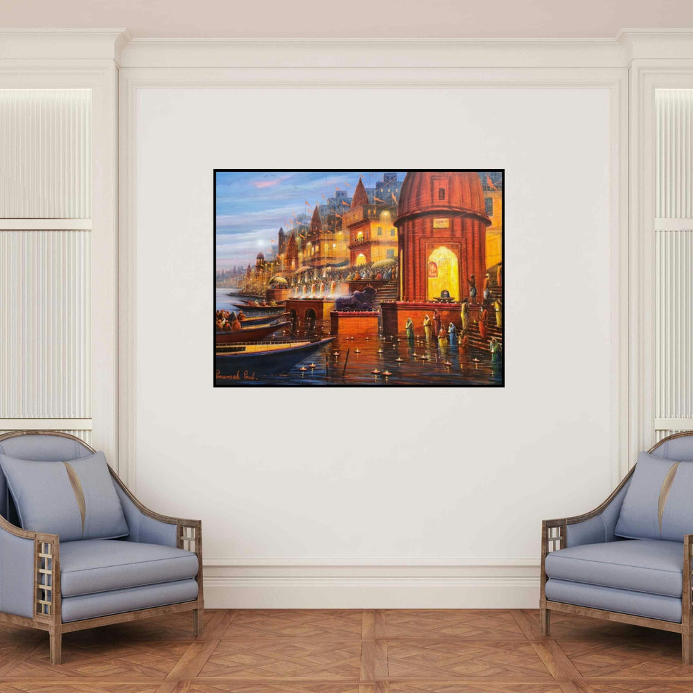 'Banaras Ghat (Divine Varanasi)' painting by Paramesh Paul shown on a wall in a furnished room.