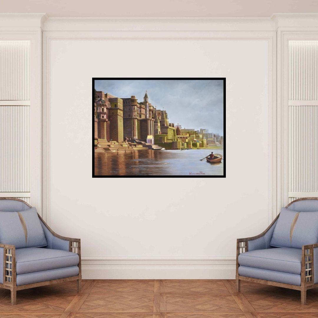 In-situ view of Kamal Rao's 'Banaras Ghat (Varanasi's Timeless Riverbanks)' painting in a room