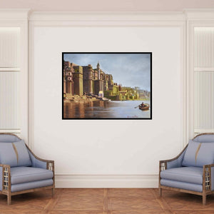 In-situ view of Kamal Rao's 'Banaras Ghat (Varanasi's Timeless Riverbanks)' painting in a room