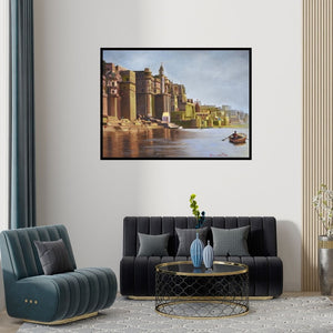 Preview of 'Banaras Ghat (Varanasi's Timeless Riverbanks)' Painting by Kamal Rao shown on a wall in a furnished room.