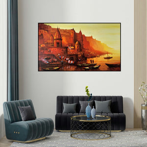 Ashif Hossain's 'Banaras Ghat 8' painting visualized above a sofa in a contemporary room.