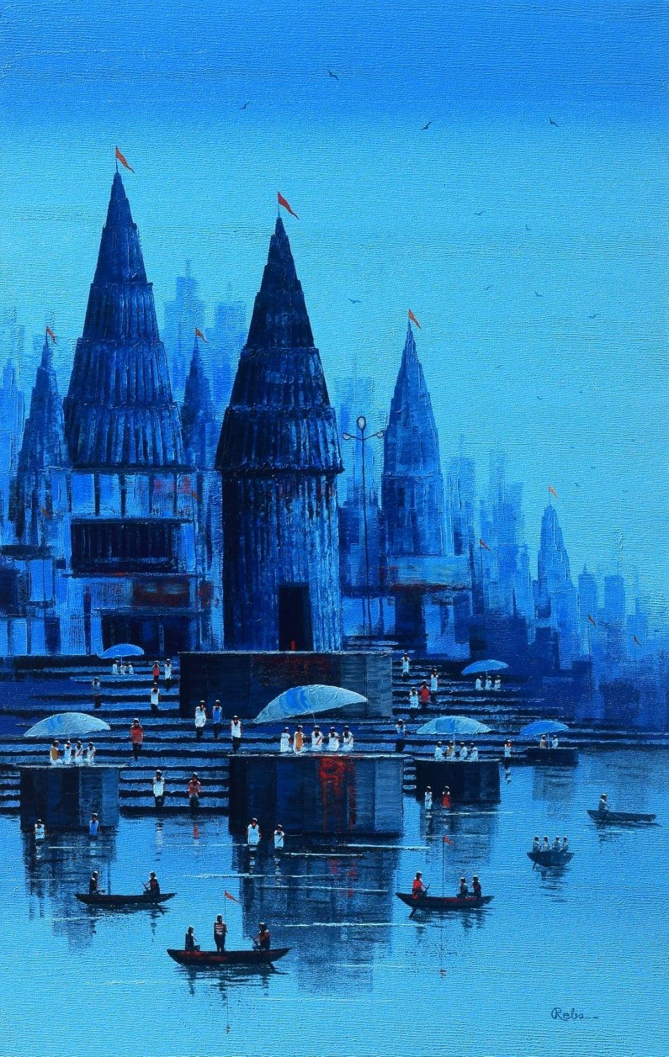 Religious acrylic painting titled 'Banaras Ghat', 48x30 inches, by artist Reba Mandal on Canvas