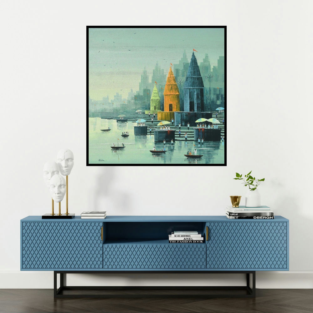 'Banaras Ghat (Varanasi Ghats at Sunrise)' painting by Reba Mandal shown on a wall in a furnished room.