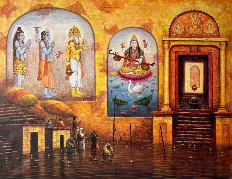 Banaras Ghat' religious acrylic painting by artist Paramesh Paul, 36x48 inch, on canvas