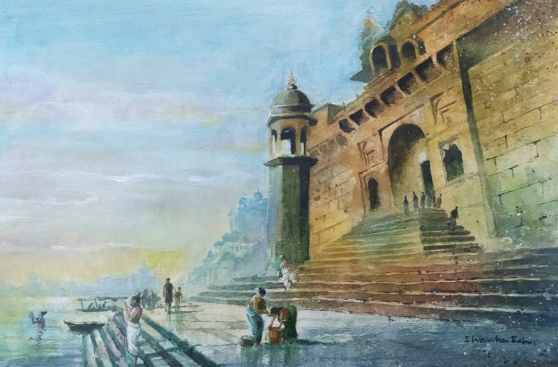 Banaras Ghat' religious watercolor painting by artist Sankara Babu, 11x17 inch, on paper