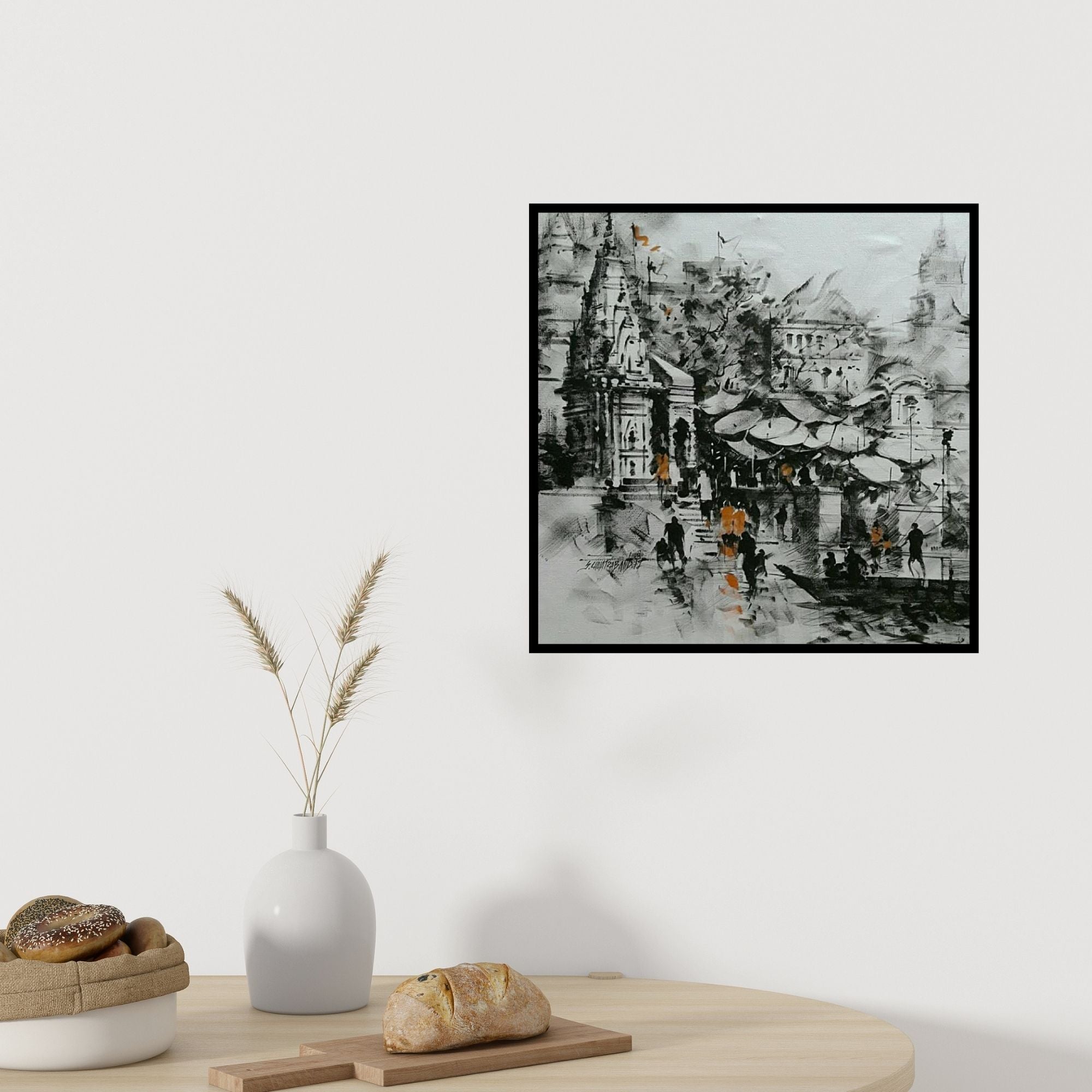 In-situ view of Sandeep Chhatraband's 'Banaras Ghat Black And White' painting in a room