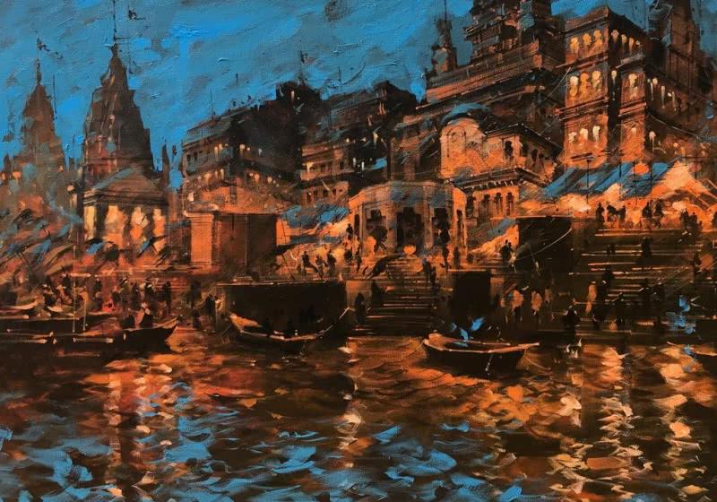 Cityscape acrylic painting titled 'Banaras Ghat In The Evening', 33x51 inches, by artist Sandeep Chhatraband on Canvas