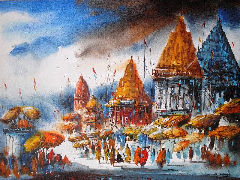 Cityscape acrylic painting titled 'Banaras Ghat IV', 30x40 inches, by artist Ananda Das on Canvas