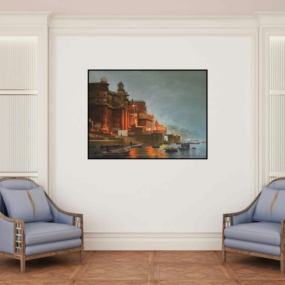 'Banaras Ghat' painting by Kamal Rao shown on a wall in a furnished room.