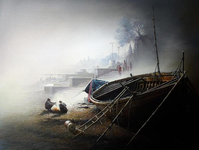 Religious oil painting titled 'Banaras Ghat Morning', 24x32 inches, by artist Amit Bhar on Canvas