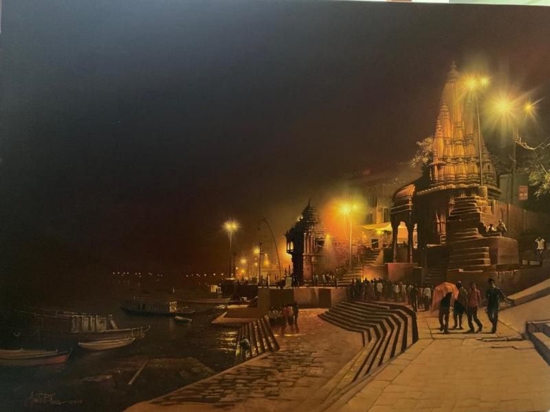 Religious oil painting titled 'Banaras Ghat Night', 30x40 inches, by artist Amit Bhar on Canvas