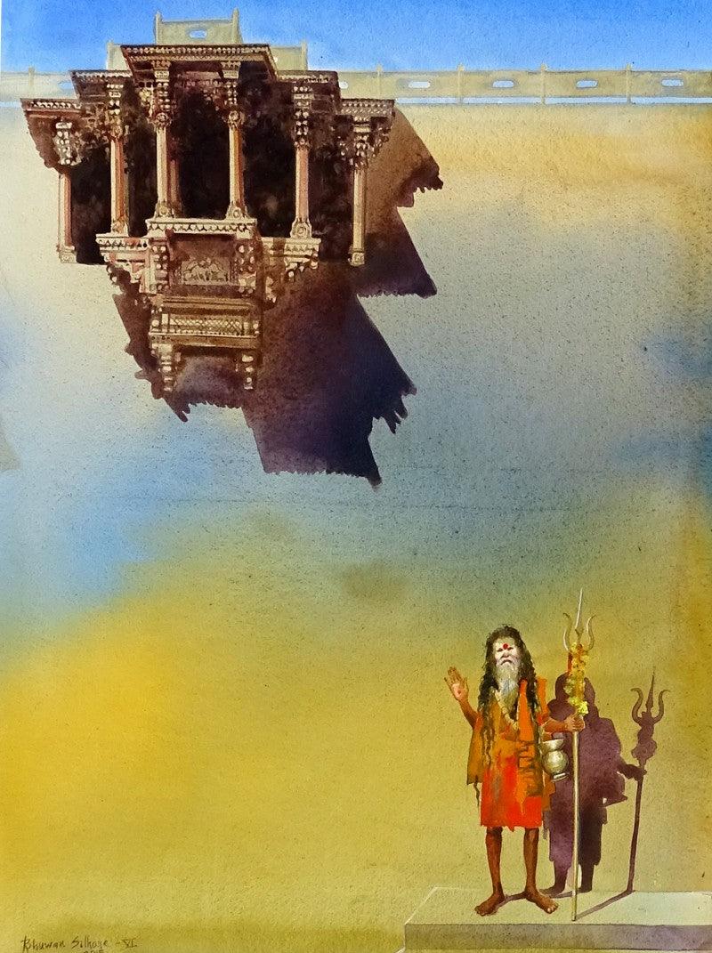 Cityscape acrylic painting titled 'Banaras Ghat VI', 60x36 inches, by artist Bhuwan Silhare on Canvas