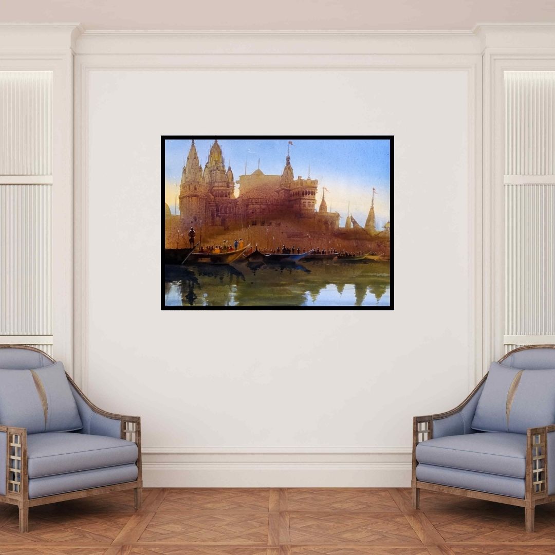 In-situ view of Bhuwan Silhare's 'Banaras Ghat Xviii' painting in a room