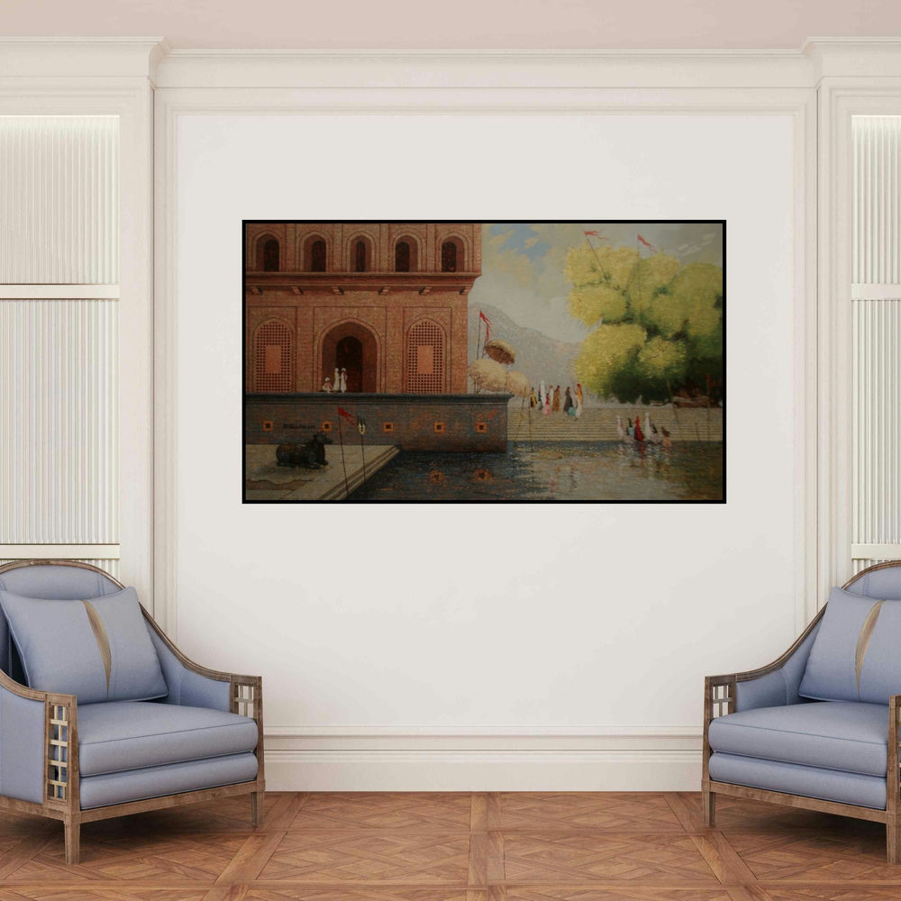 'Banaras Ghats (Pilgrimage to the Holy River)' painting by Basavaraj Nalakar shown on a wall in a furnished room.