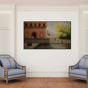 'Banaras Ghats (Pilgrimage to the Holy River)' painting by Basavaraj Nalakar shown on a wall in a furnished room.