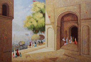 Cityscape acrylic painting titled 'Banaras Ghats 2', 36x52 inches, by artist Basavaraj Nalakar on Canvas